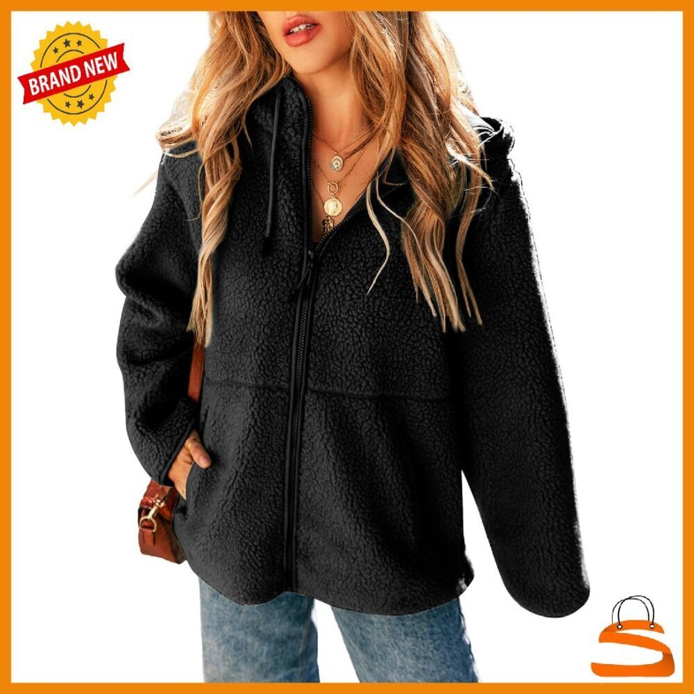 Women's Fleece Jacket Hooded Zip Up Cozy Sherpa Winter Coat with Pockets
